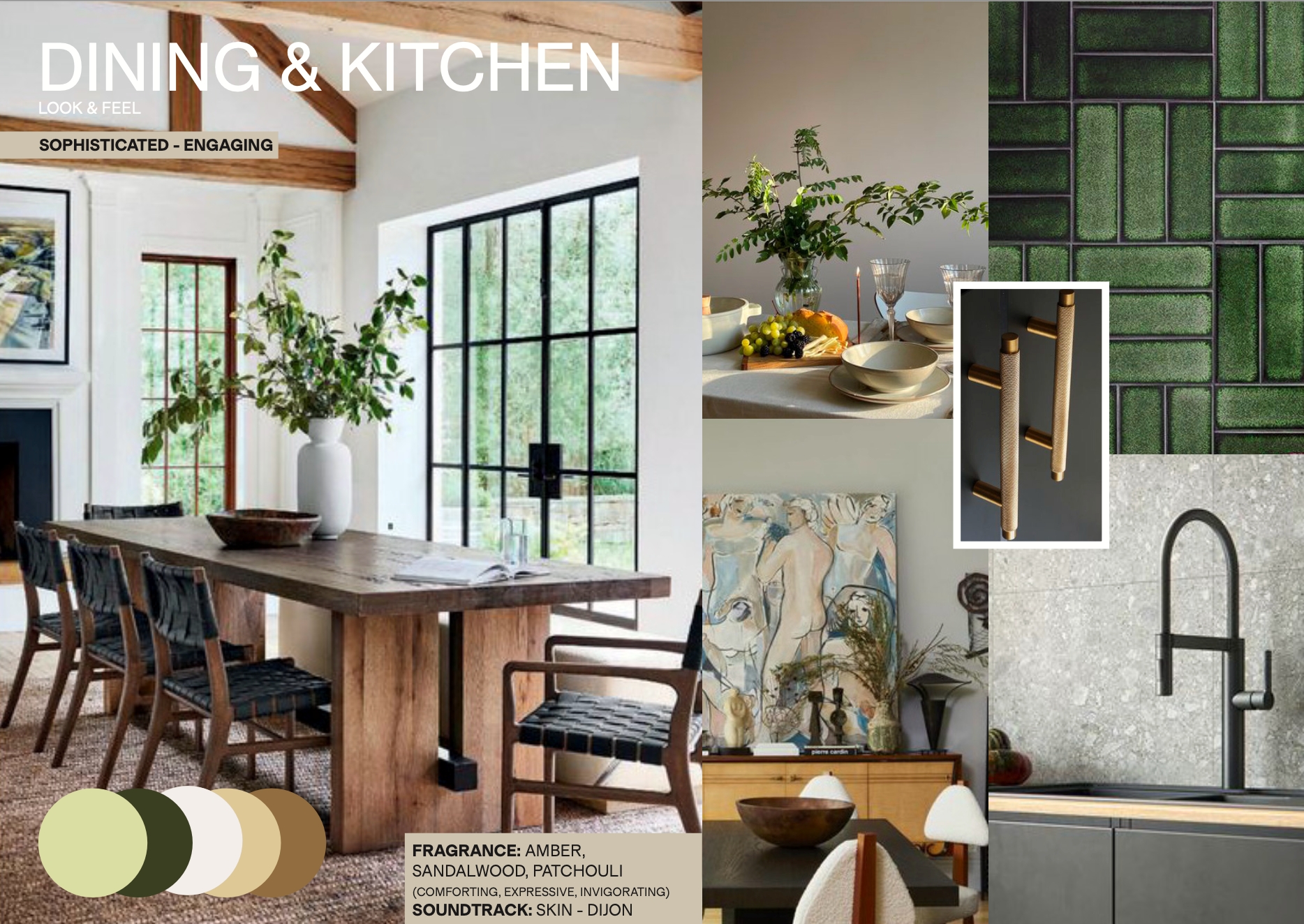 Collage of dining and kitchen interior design concepts with a sophisticated and engaging look and feel.