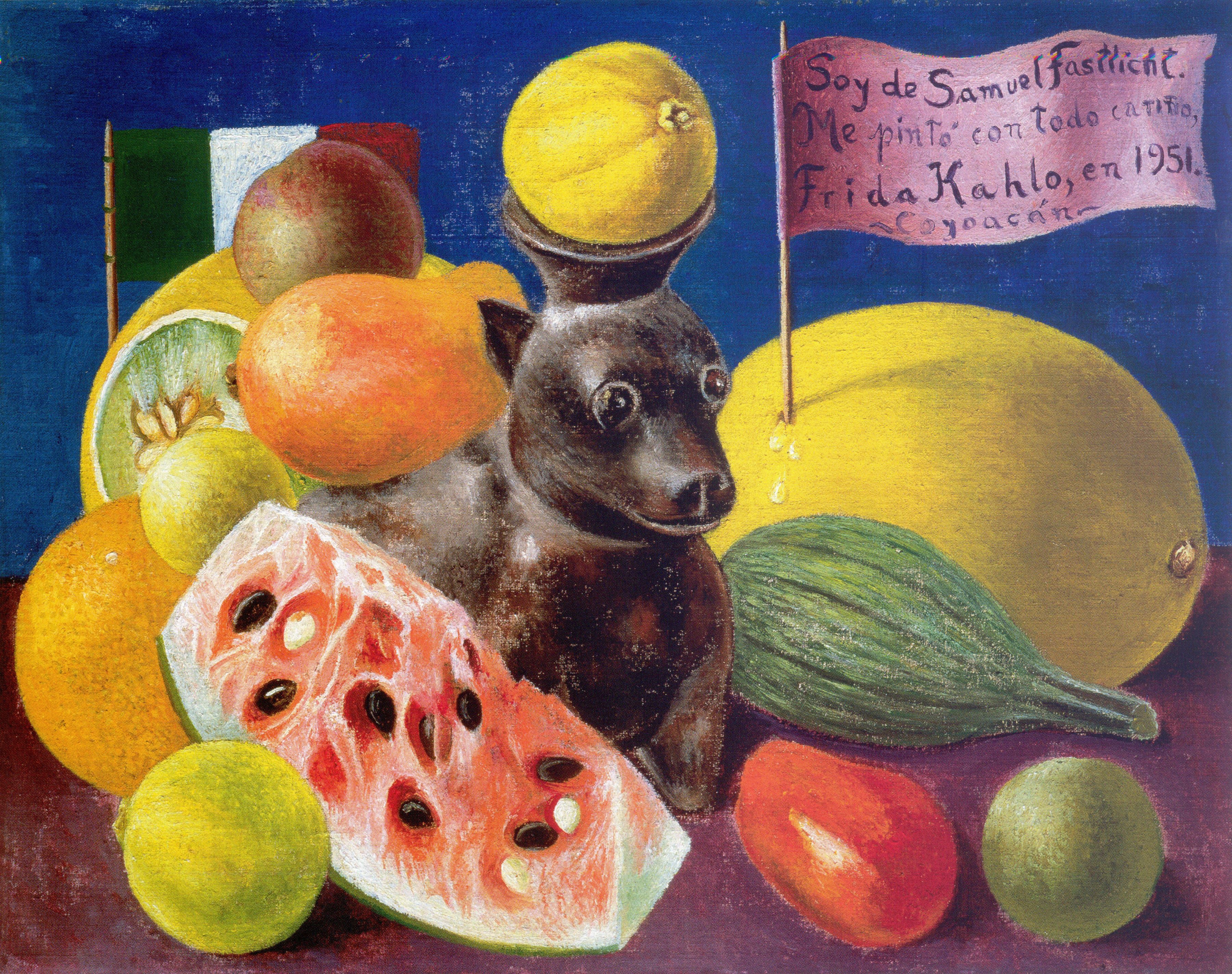 Still Life (I Belong to Samuel Fastlich) by Frida Kahlo, featuring fruits, a Mexican flag, a dog sculpture, and a banner with text.