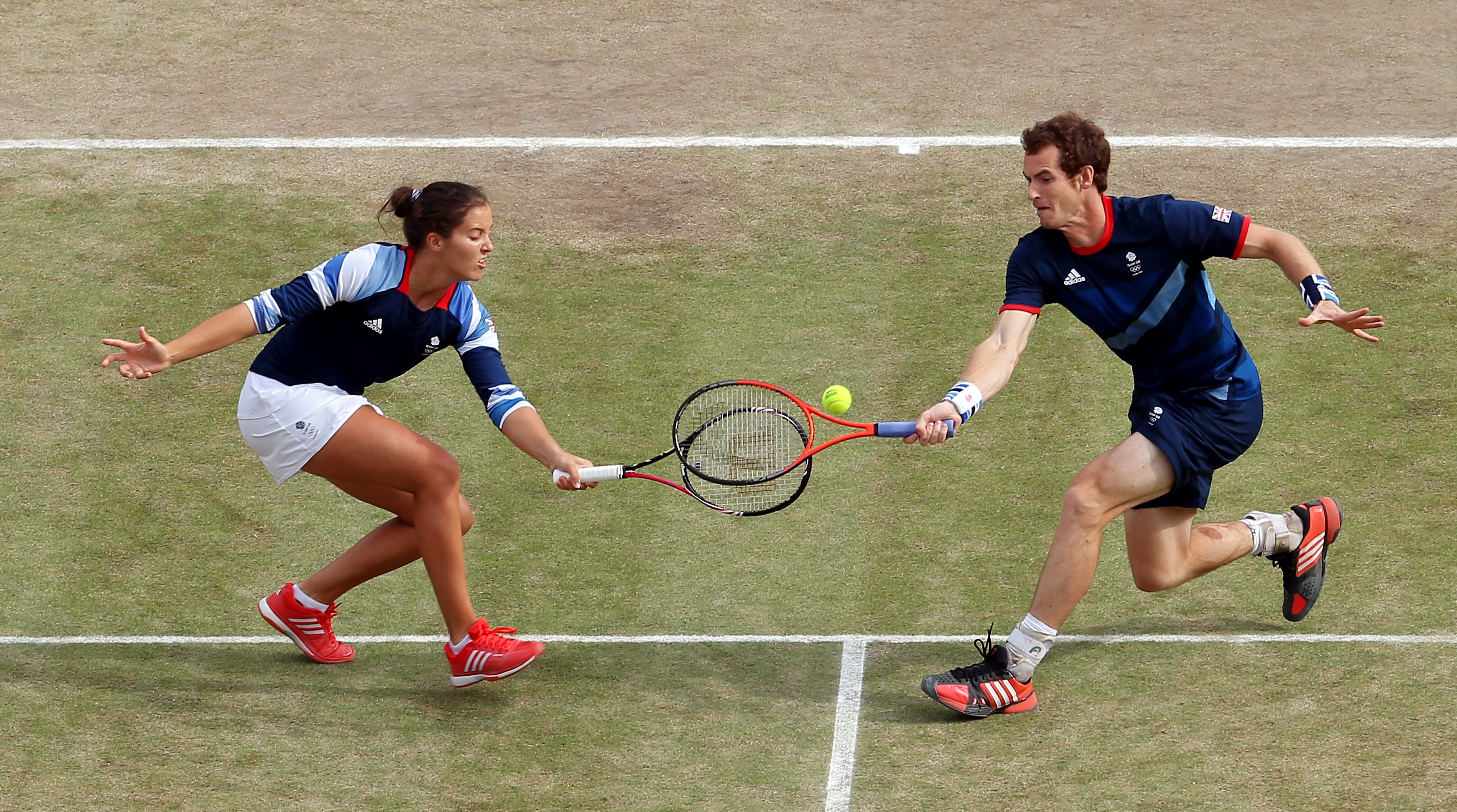 Laura Robson and Andy Murray of Great Britain compete in their Mixed Doubles Tennis semifinal match.