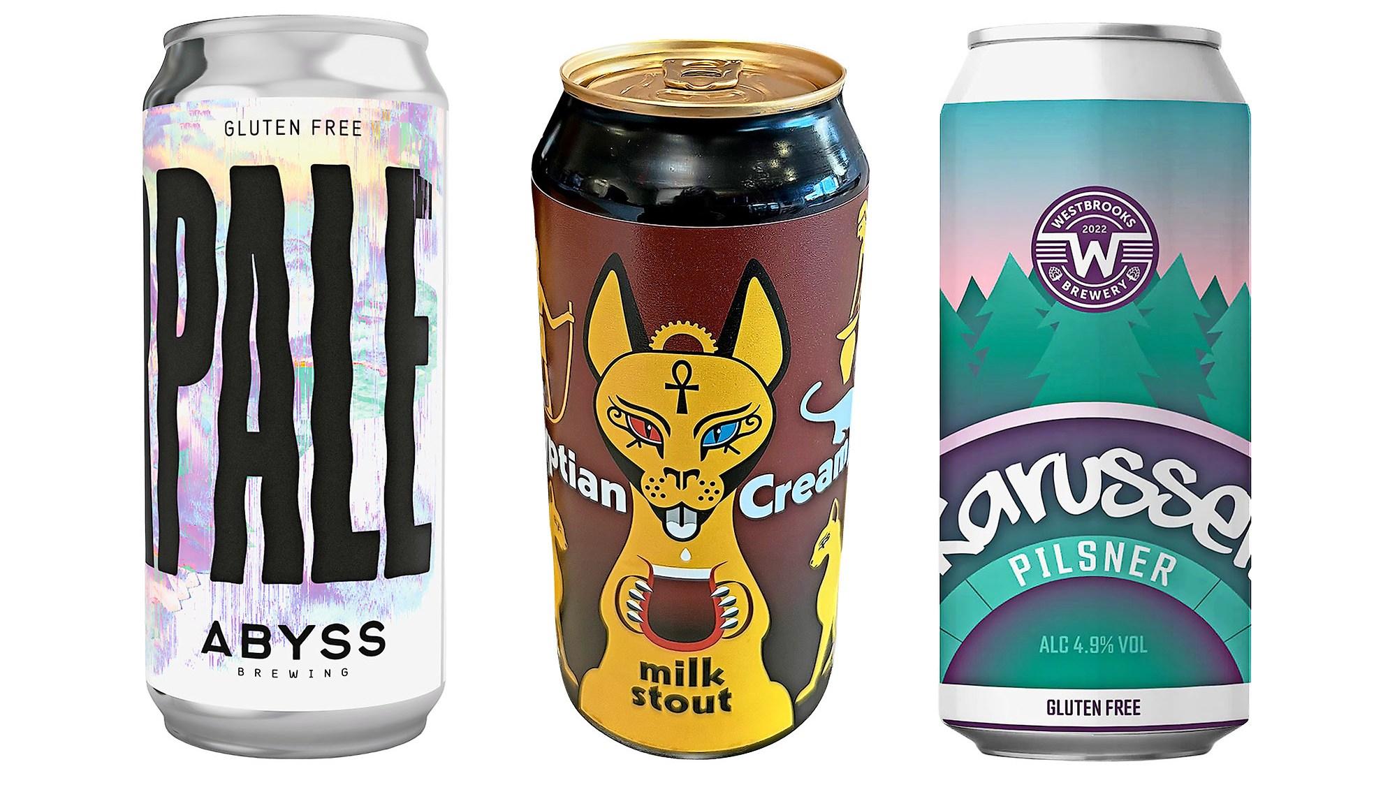 Three cans of beer: Abyss Pale Ale, Egyptian Cream Milk Stout, and Westbrook's Larusse Pilsner.