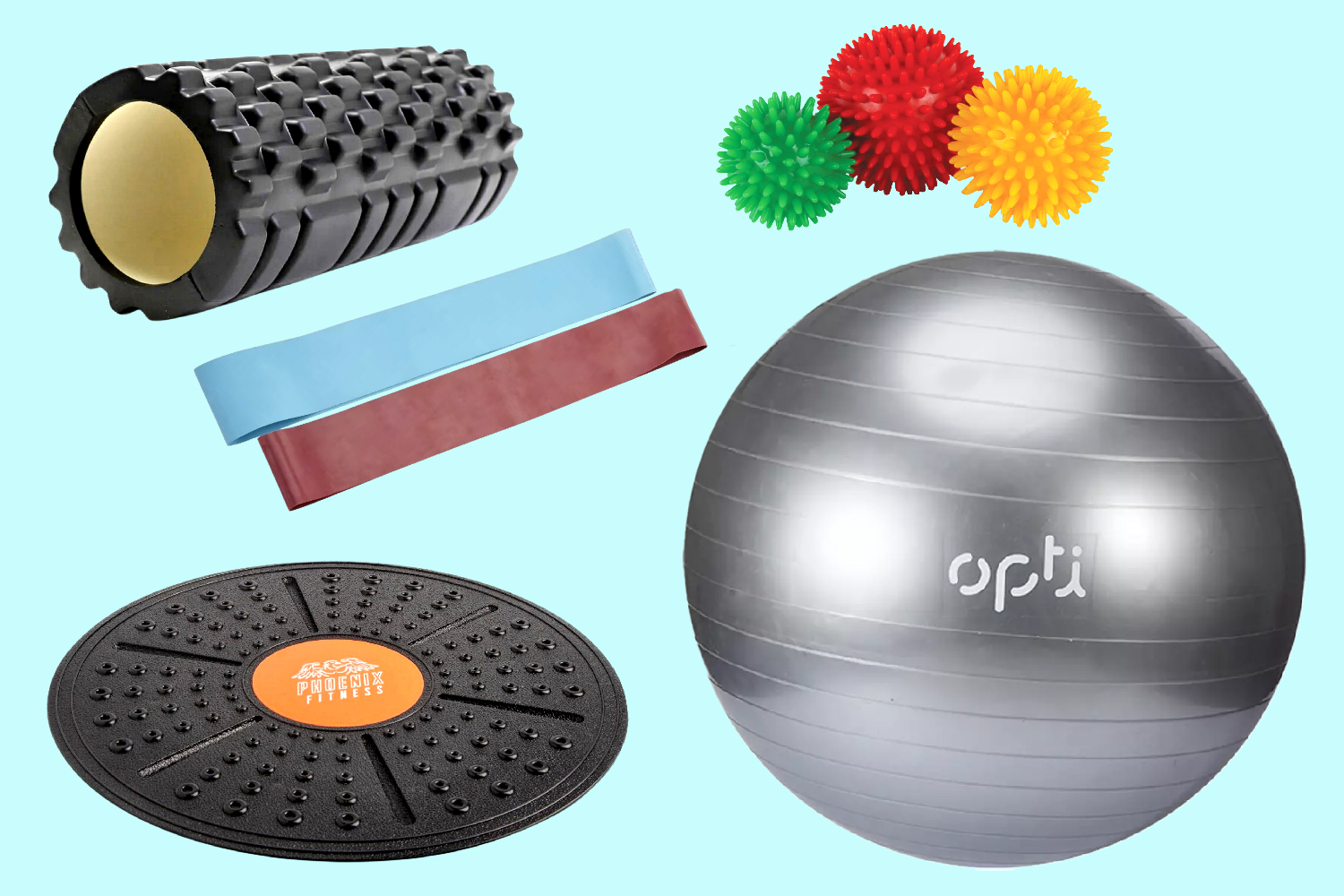 Collage of fitness gadgets, including a foam roller, resistance bands, spiky massage balls, a balance board, and a gray exercise ball.