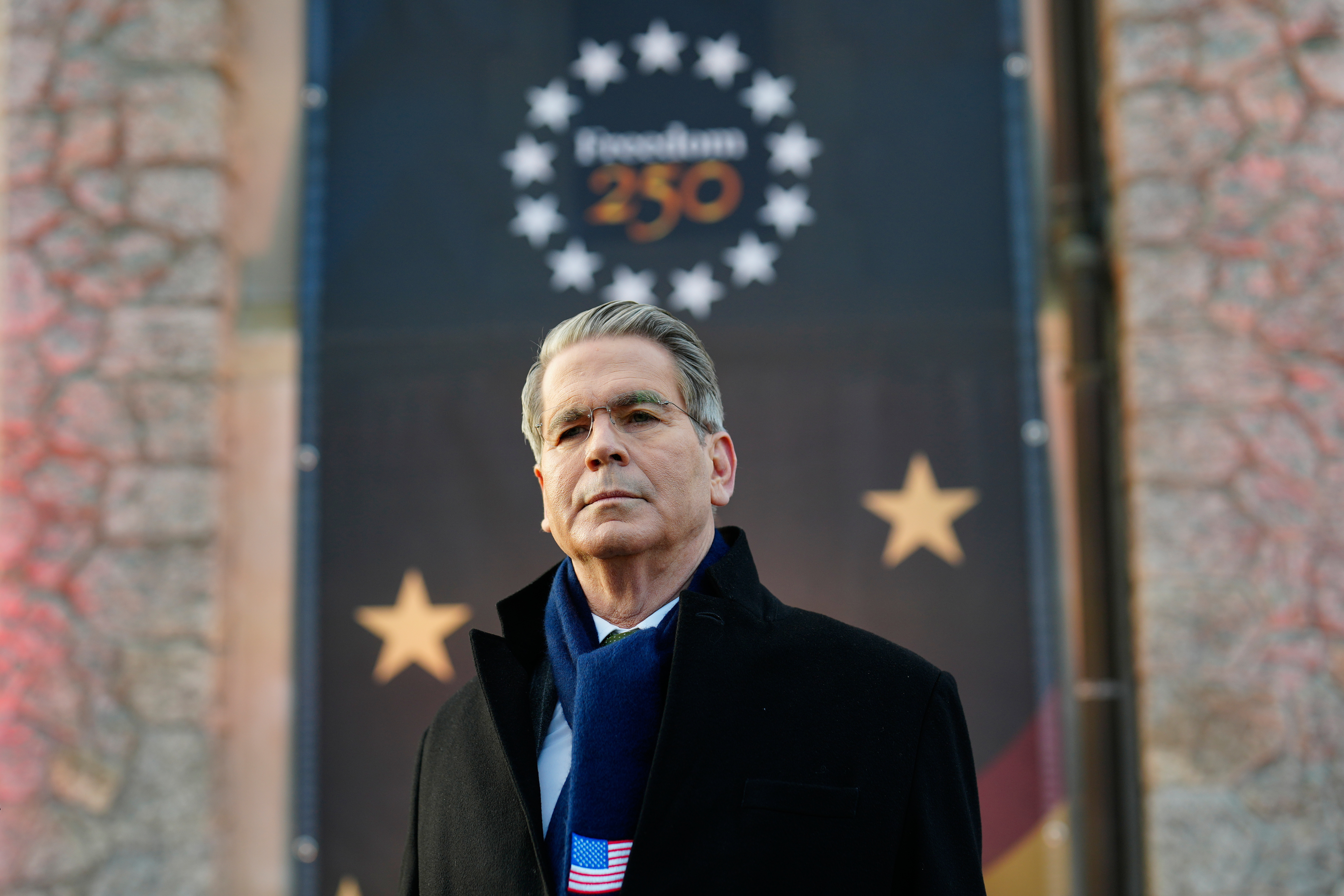 Scott Bessent, US Secretary of the Treasury, watches media representatives at the USA House during the Annual Meeting of the World Economic Forum in Davos.