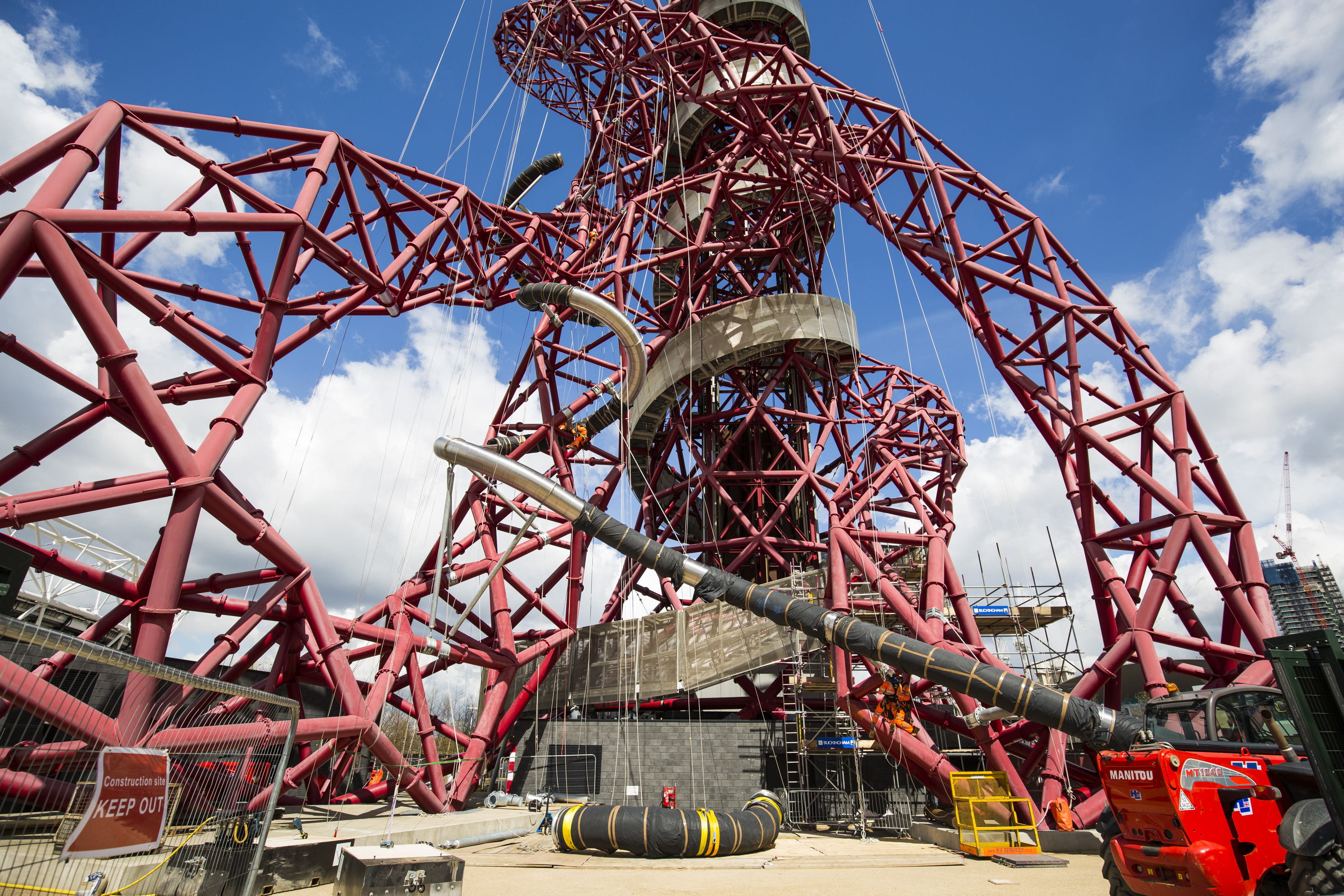The ArcelorMittal Orbit with a new tunnel slide being constructed in London, United Kingdom.