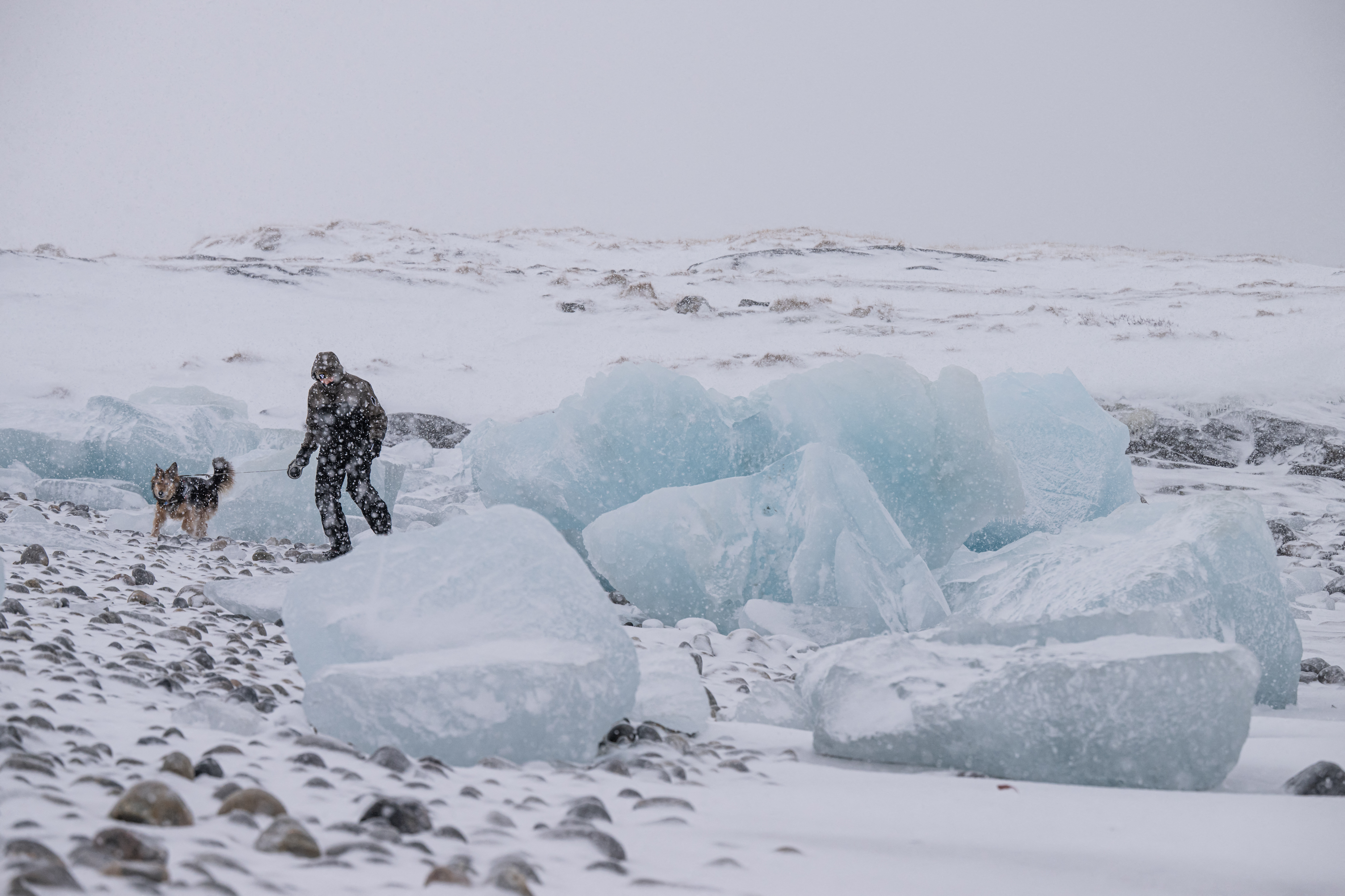A man walking his dog along a snowy shoreline with large ice formations.