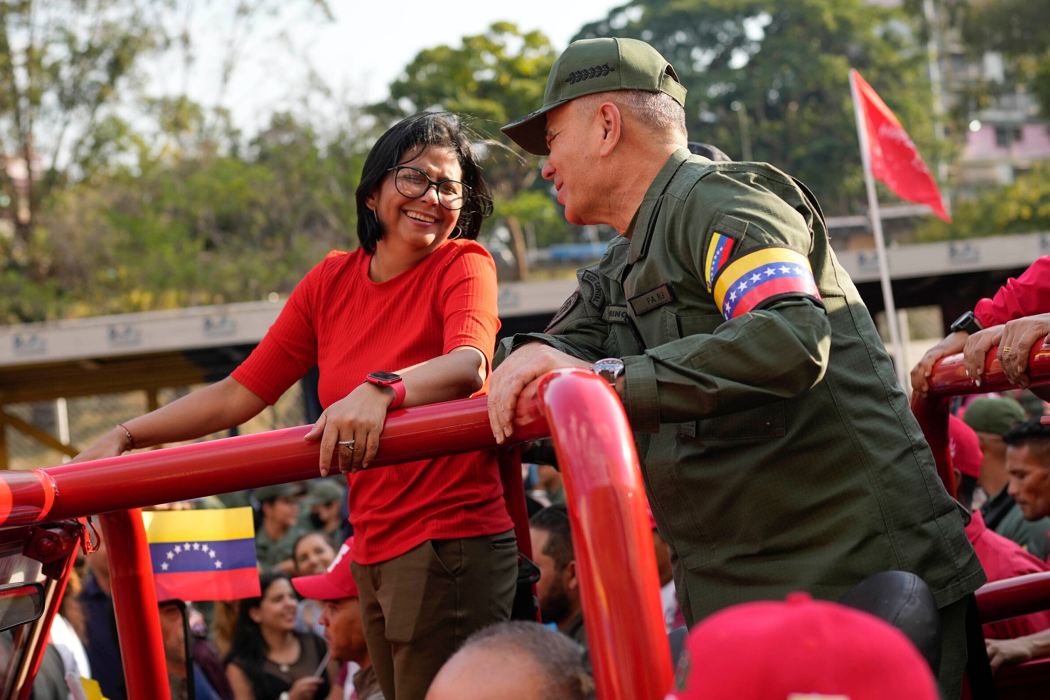 Venezuela Vice President Delcy Rodriguez and Defense Minister Padrino Lopez in a vehicle during the 10th anniversary of Hugo Chavez's death.