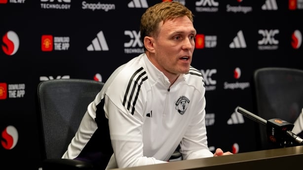 Interim Head Coach Darren Fletcher of Manchester United speaks during a press conference at Carrington Training Ground on January 06, 2026 in Manchester, England. 