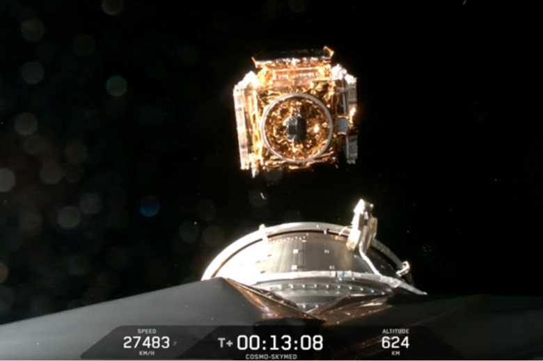Italy's COSMO-SkyMed Second Generation FM3 satellite separates from the Falcon 9 rocket's second stage 13 minutes after Friday's launch from Vandenberg Space Force Base.