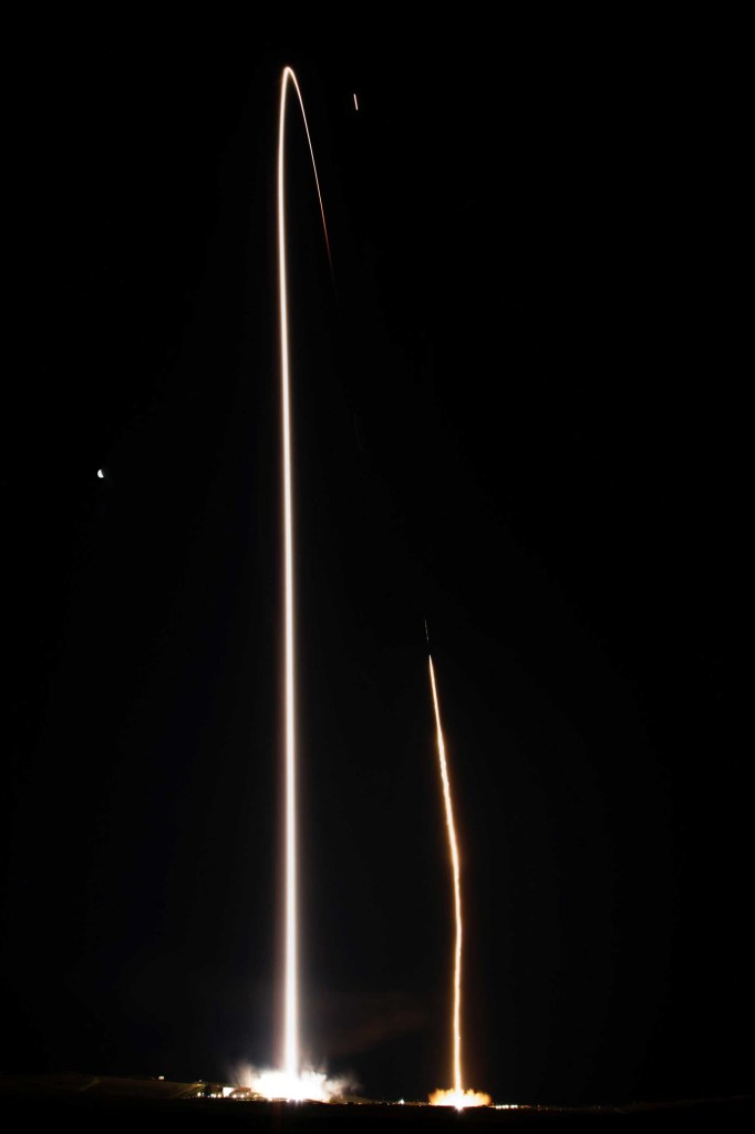 A Falcon 9 rocket with multiple payloads lifts off from Vandenberg Space Force Base on Sunday morning before the first-stage booster returns to land at a site west of launch pad.