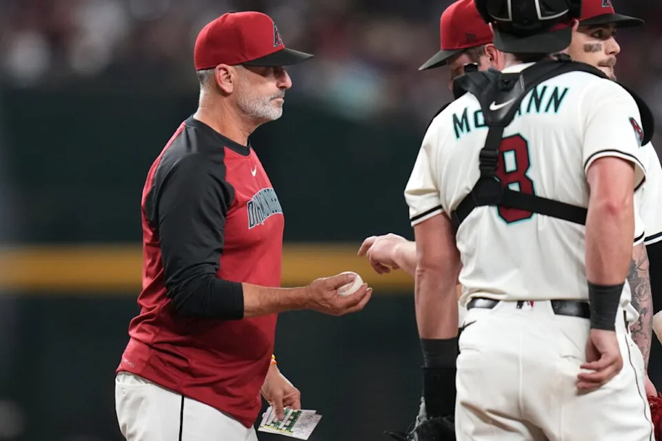 Arizona Diamondbacks manager Torey Lovullo approaches the mound to talk to his team as they play the Los Angeles Dodgers at Chase Field in Phoenix, on Sept. 24, 2025.