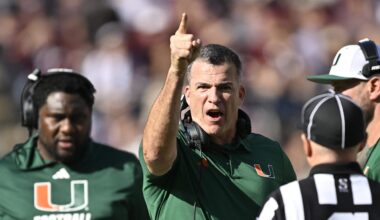 Dec 20, 2025; College Station, TX, USA; Miami Hurricanes head coach Mario Cristobal talks with an official during the second half of the first round game of the CFP National Playoff against the Texas A&M Aggies at Kyle Field. Mandatory Credit: Jerome Miron-Imagn Images