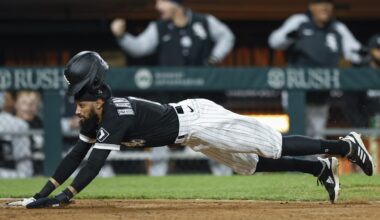 May 3, 2023; Chicago, Illinois, USA; Chicago White Sox outfielder Billy Hamilton slides to score against the Minnesota Twins during the eight inning at Guaranteed Rate Field. Mandatory Credit: Kamil Krzaczynski-Imagn Images