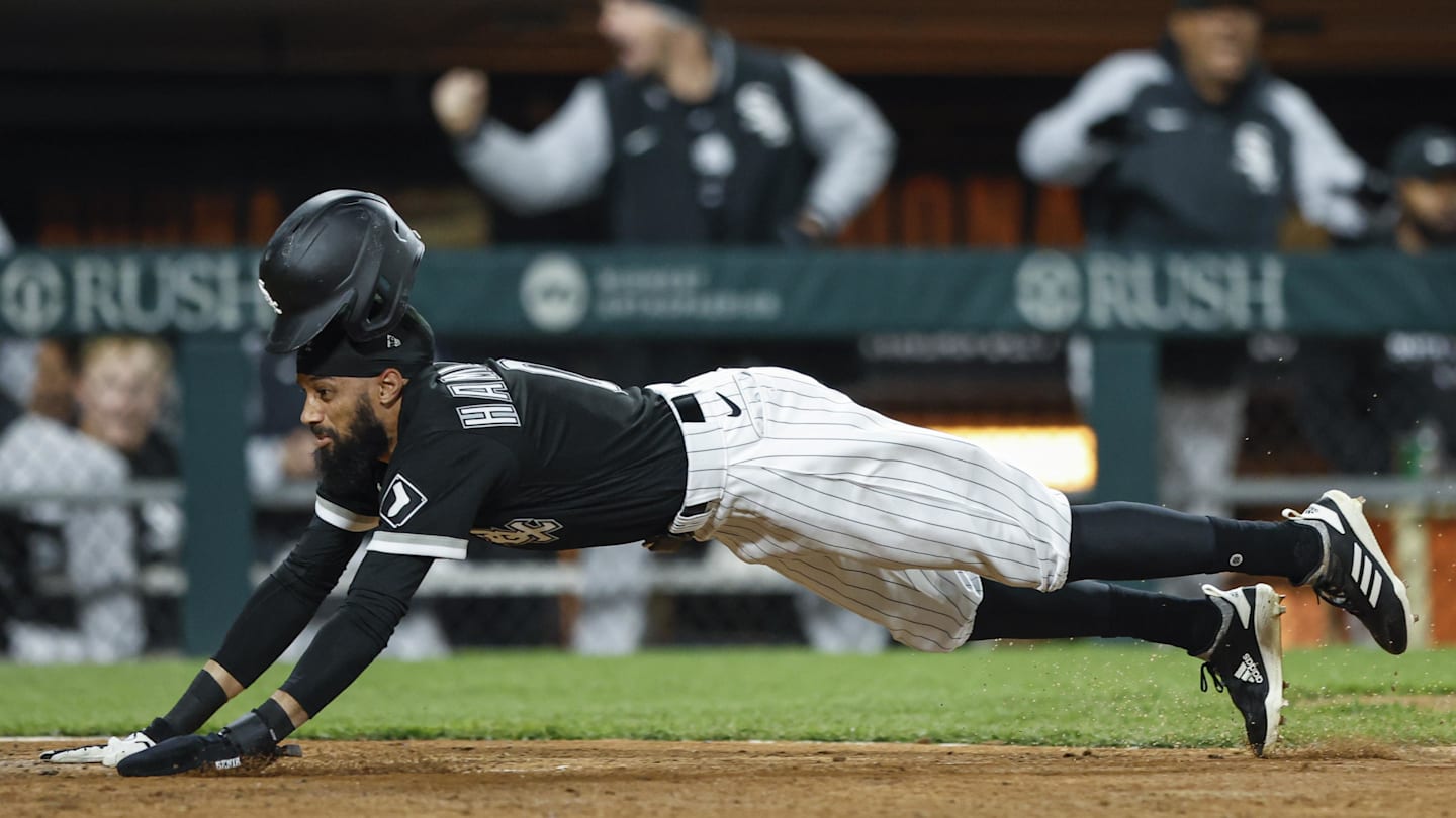 May 3, 2023; Chicago, Illinois, USA; Chicago White Sox outfielder Billy Hamilton slides to score against the Minnesota Twins during the eight inning at Guaranteed Rate Field. Mandatory Credit: Kamil Krzaczynski-Imagn Images