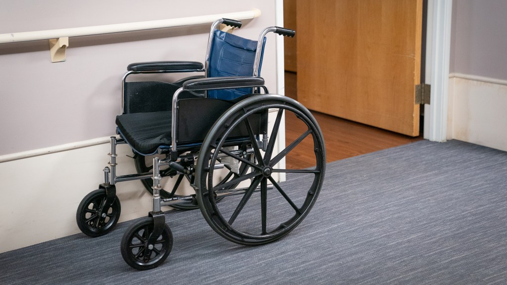 A wheelchair in the hallway