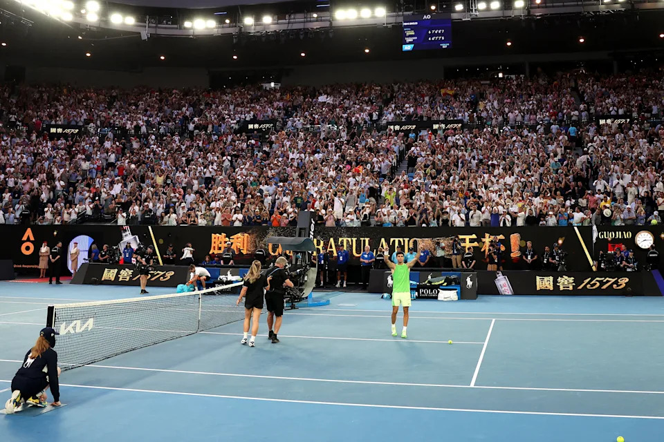 Carlos Alcaraz celebrates victory over Alexander Zverev.
