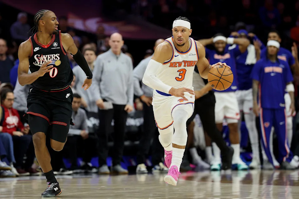 PHILADELPHIA, PENNSYLVANIA - JANUARY 24: Josh Hart #3 of the New York Knicks dribbles the ball against Tyrese Maxey #0 of the Philadelphia 76ers during the second half at Xfinity Mobile Arena on January 24, 2026 in Philadelphia, Pennsylvania. NOTE TO USER: User expressly acknowledges and agrees that, by downloading and or using this photograph, User is consenting to the terms and conditions of the Getty Images License Agreement. (Photo by Emilee Chinn/Getty Images)