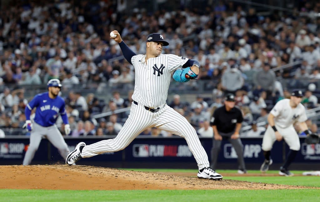 Fernando Cruz throws a pitch during the third inning of the Yankees’ Game 3 ALDS win over the Blue Jays on Oct. 7, 2025 in The Bronx. JASON SZENES/ NY POST