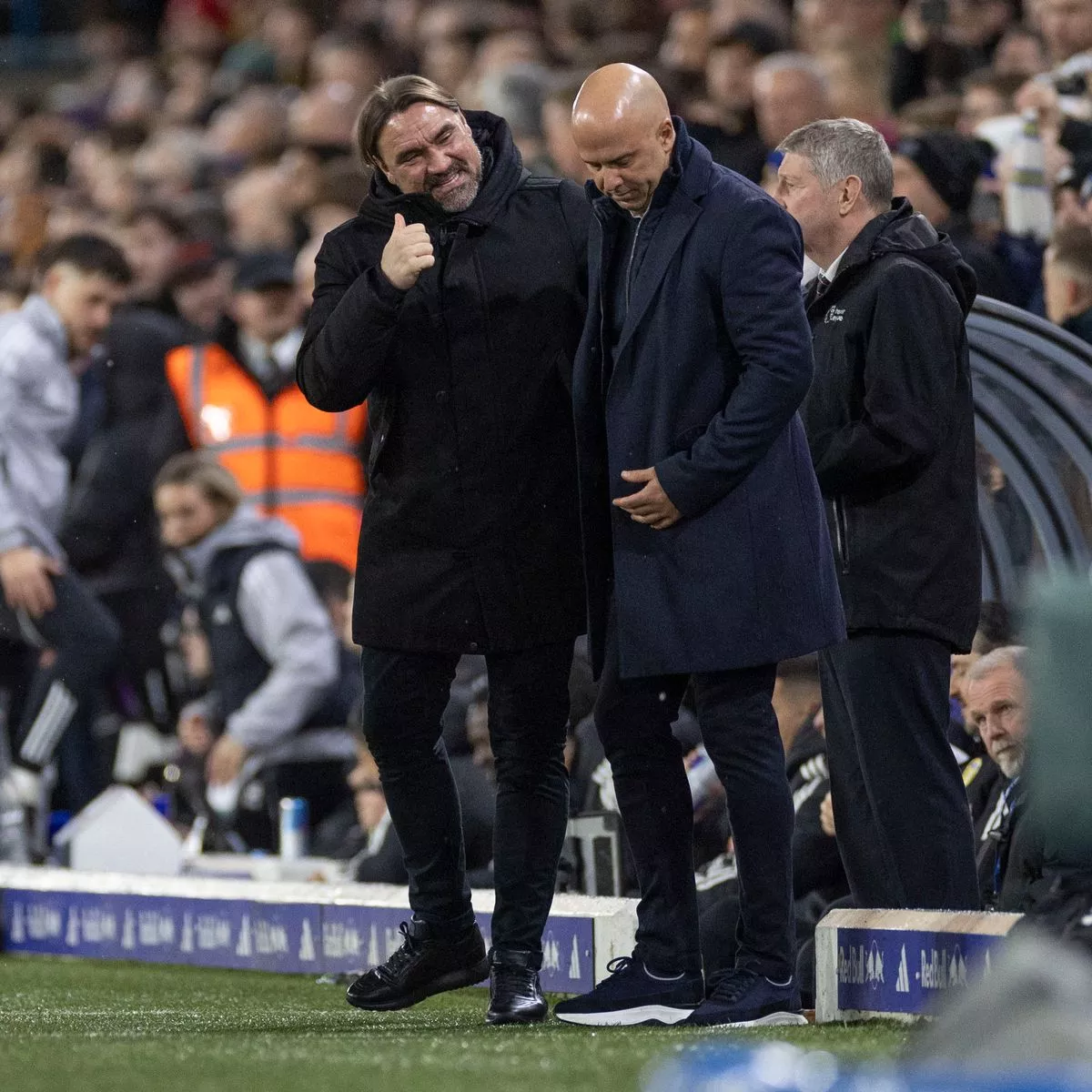 Liverpool FC head coach Arne Slot and Leeds United. manager Daniel Farke during the Premier League match between Leeds United and Liverpool at Elland Road