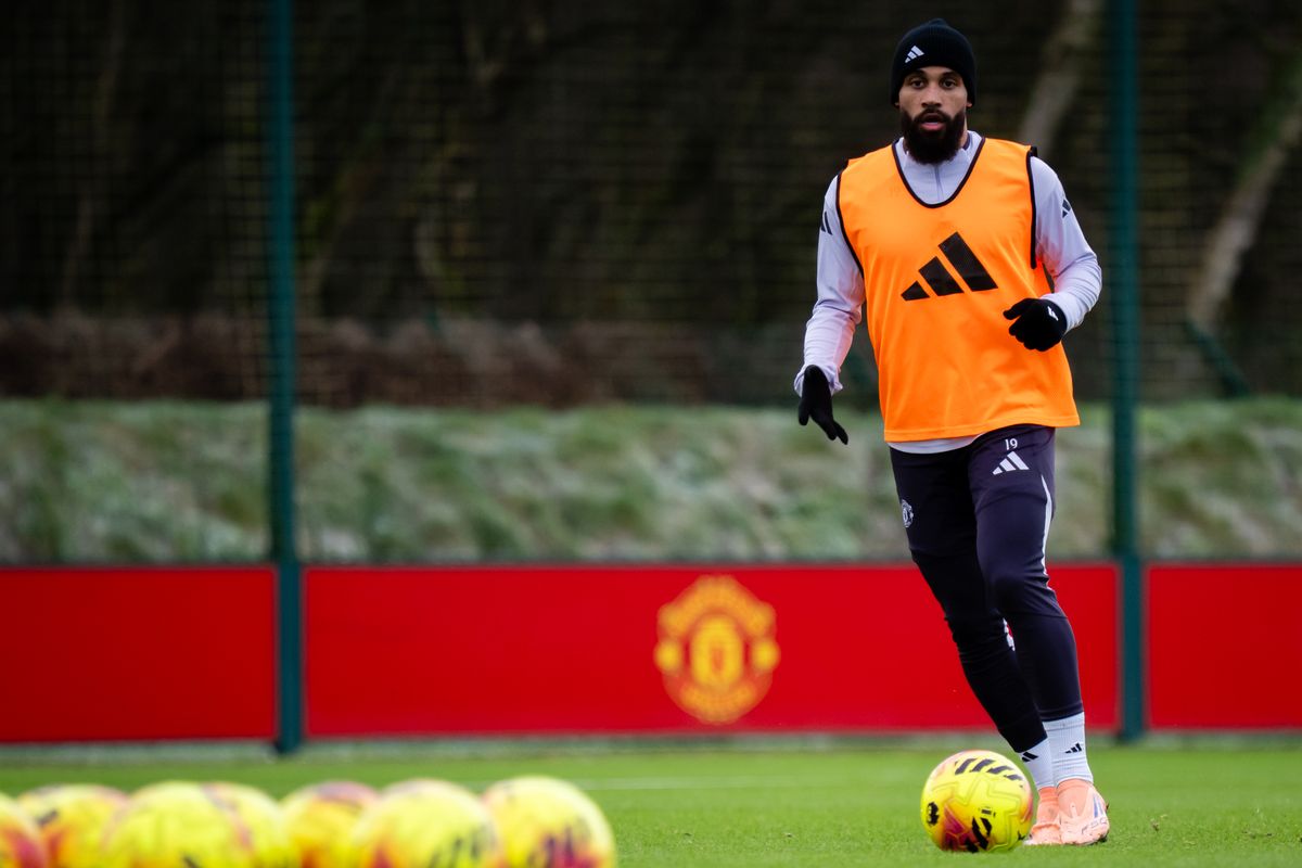 Bryan Mbeumo of Manchester United in action during a first team training session
