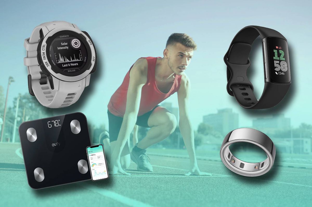 An assortment of fitness gadgets, including smartwatches, a digital scale, and various fitness accessories, arranged against a blurred background featuring a person in athletic attire, likely engaged in a fitness activity.