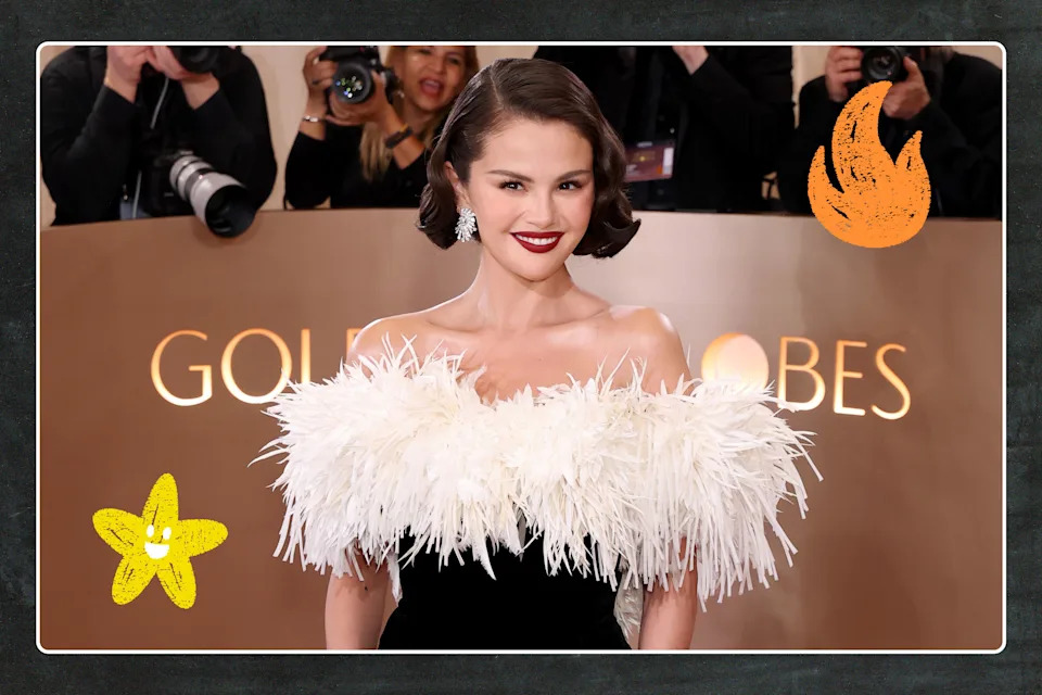 Selena Gomez in a white feathered gown