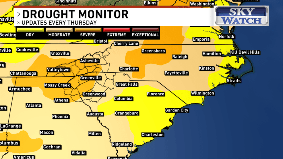 When the drought map is viewed on a larger scale, the pattern becomes clearer. Much of the Southeast has been drier than usual in recent weeks, with severe drought expanding across parts of western North Carolina, the Upstate, and northeast Georgia. Moderate drought has also expanded across both Carolinas, showing that the lack of rainfall is part of a broader regional trend rather than a localized issue. (WLOS)