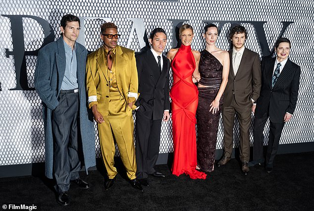 The cast posed together for a photo during the red carpet soiree in NYC; (L-R) Ashton Kutcher, Jeremy Pope, Anthony Ramos, Bella Hadid, Rebecca Hall, Evan Peters and Isabella Rossellini a