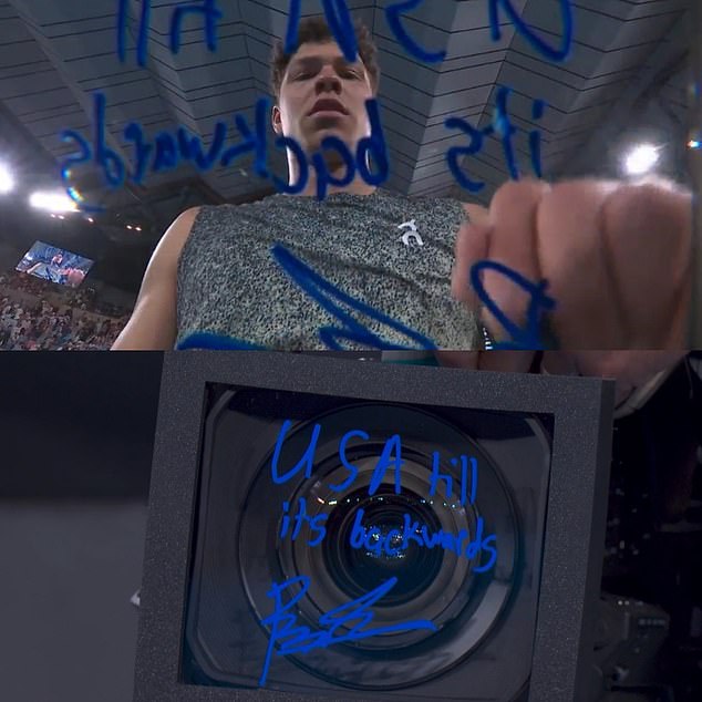 Pictured: The moment Ben Shelton wrote 'USA till its backwards' on a TV camera after winning his latest match at the Australian Open