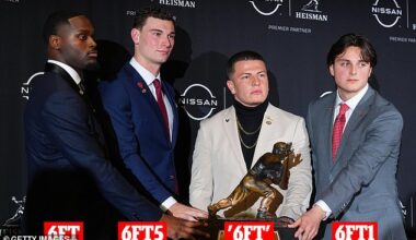 Heisman candidates, from left: Jeremiyah Love, Fernando Mendoza, Diego Pavia  and Julian Sayin. Despite having an official height of 6ft, Pavia was noticeably small than everyone else