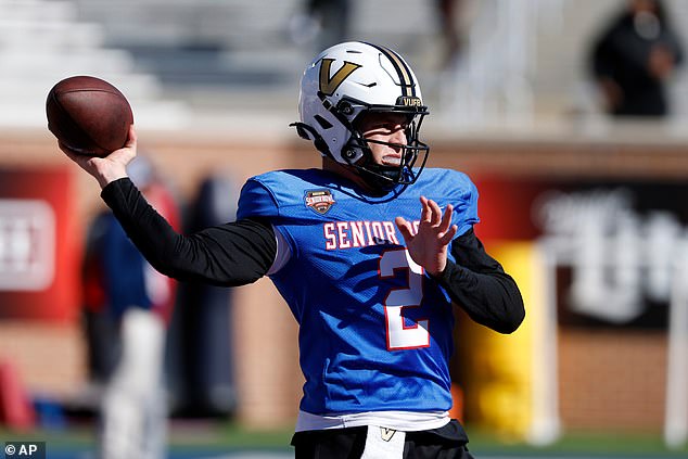 Diego Pavia is seen practicing ahead of the 2026 Senior Bowl in Mobile, Alabama