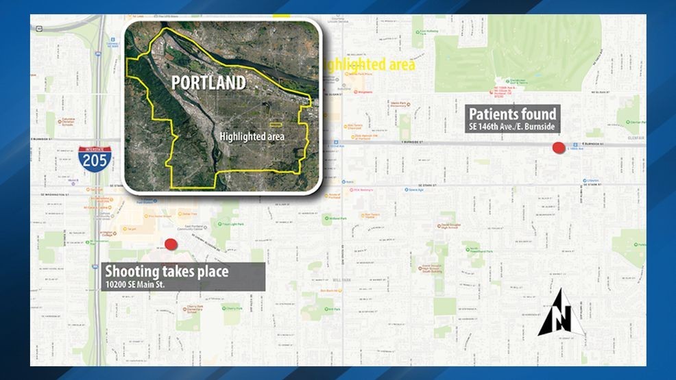 The Portland Police Bureau released this map of where it says the shooting occurred and where the wounded people were found. (PPB)