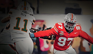 Ohio State Buckeyes defensive end Kenyatta Jackson Jr. (97) pursues Miami Hurricanes quarterback Carson Beck (11) during the Cotton Bowl at AT&T Stadium in Arlington, Texas for the College Football Playoff quarterfinal game on Dec. 31, 2025. Ohio State lost 24-14.