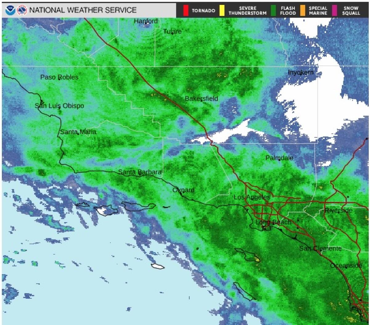 Radar shows a storm covering much of the Southland on Wednesday afternoon.