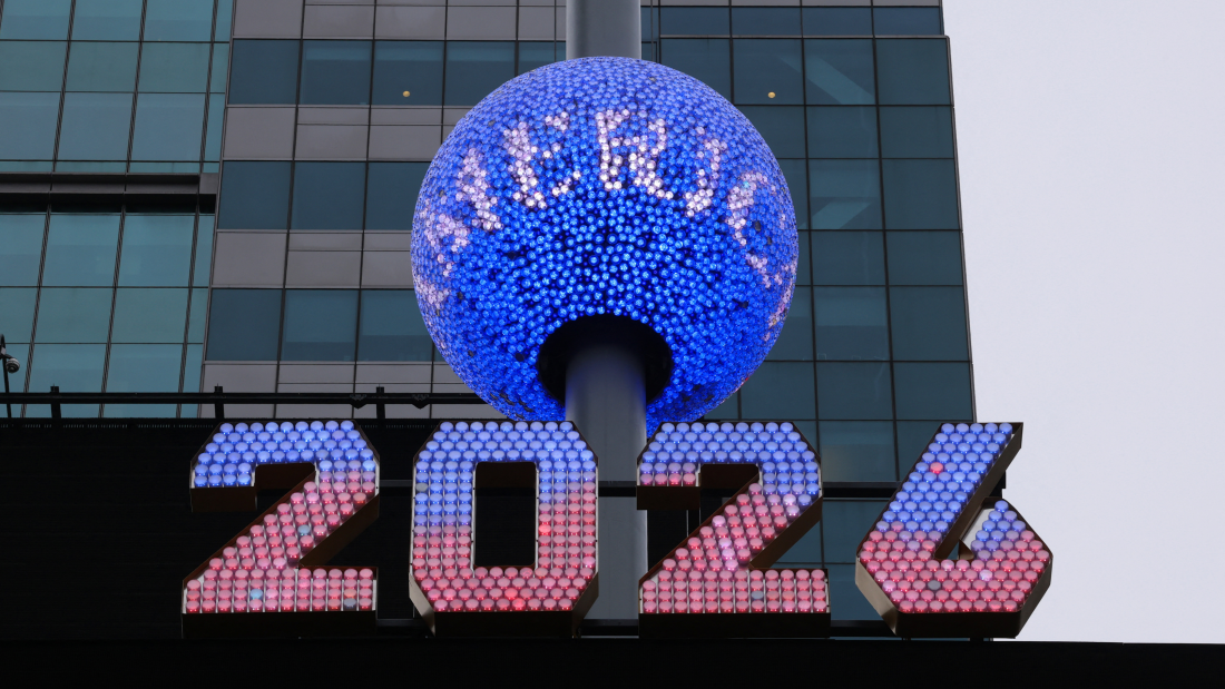 Seven-foot-tall numerals for "2026" are displayed at Times Square in New York City.