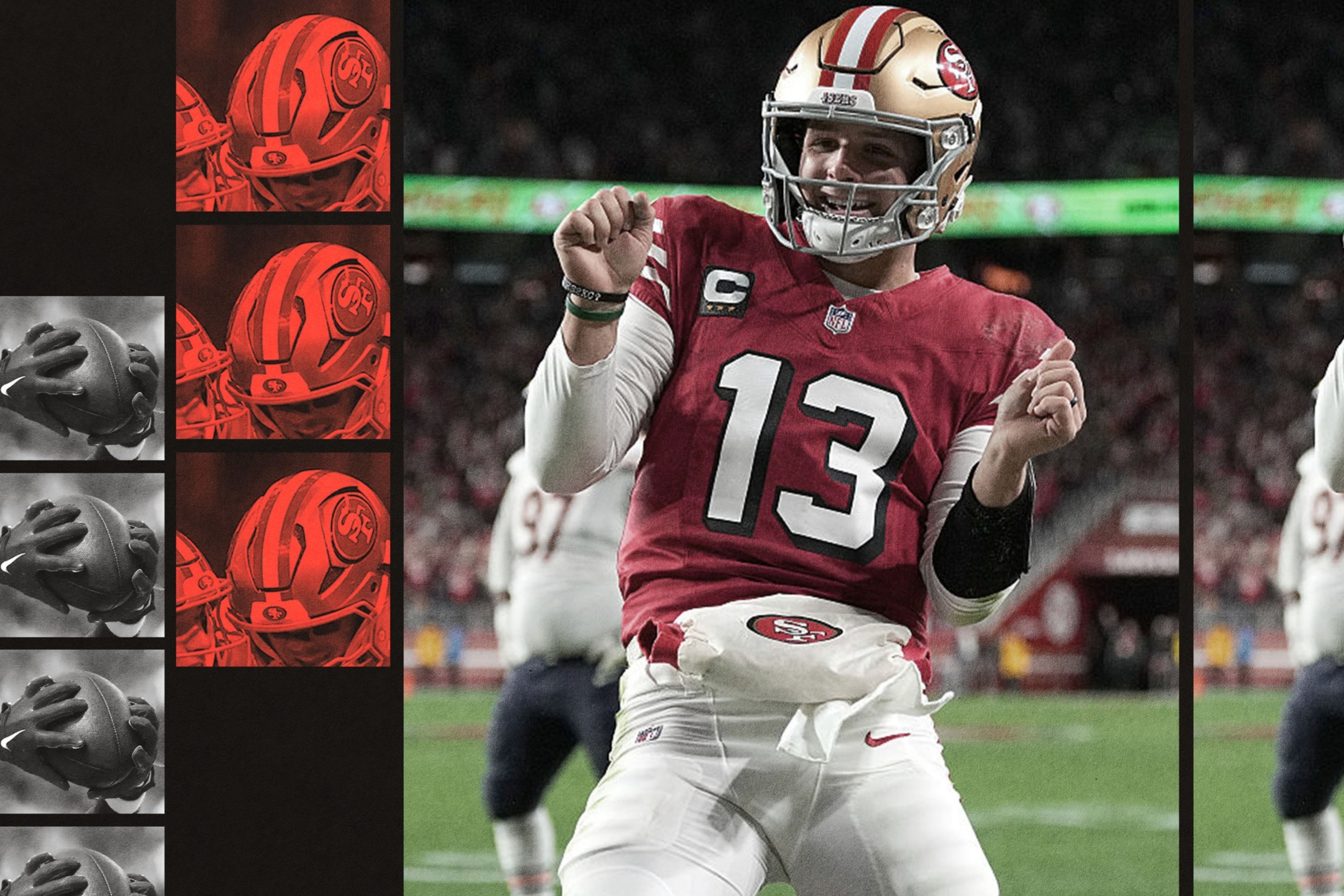 A football player wearing a red jersey with number 13 and a gold helmet celebrates on the field, while a vertical collage of helmet and hands catching a ball images appears on the left.