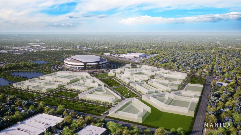 An artist's rendering of the proposed stadium district in Arlington Heights with a circular-shaped stadium.