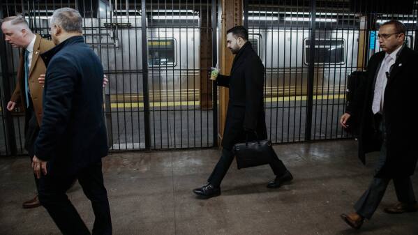 New York City Mayor Zohran Mamdani arrives at the City Hall subway station in New York, Friday, Jan. 2, 2026. (AP Photo/Eduardo Munoz Alvarez)