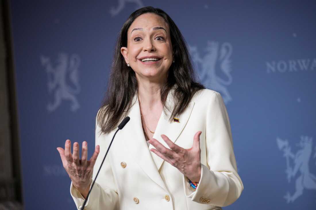 Nobel Peace Prize laureate María Corina Machado speaks during a press conference at the government's representative facilities in Oslo, Norway, Thursday, Dec. 11, 2025.
