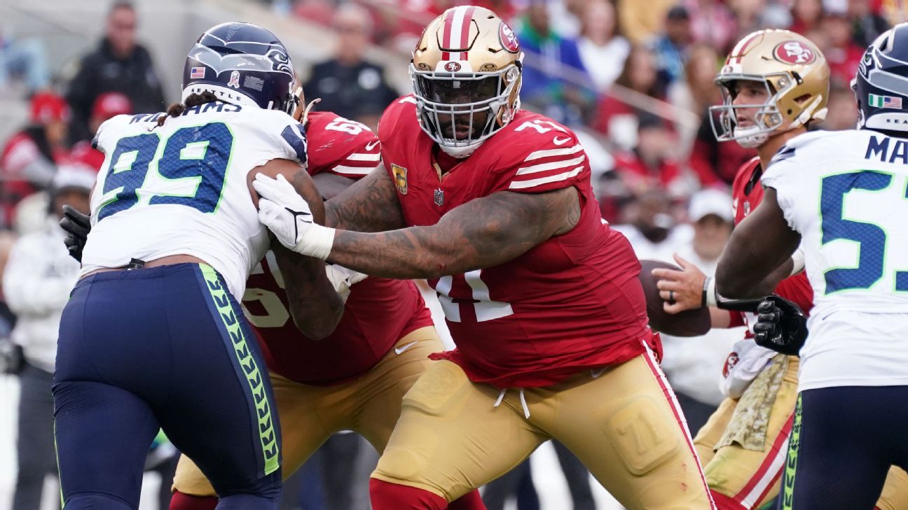 Niners LT Williams, WR Pearsall sit out loss to Seahawks