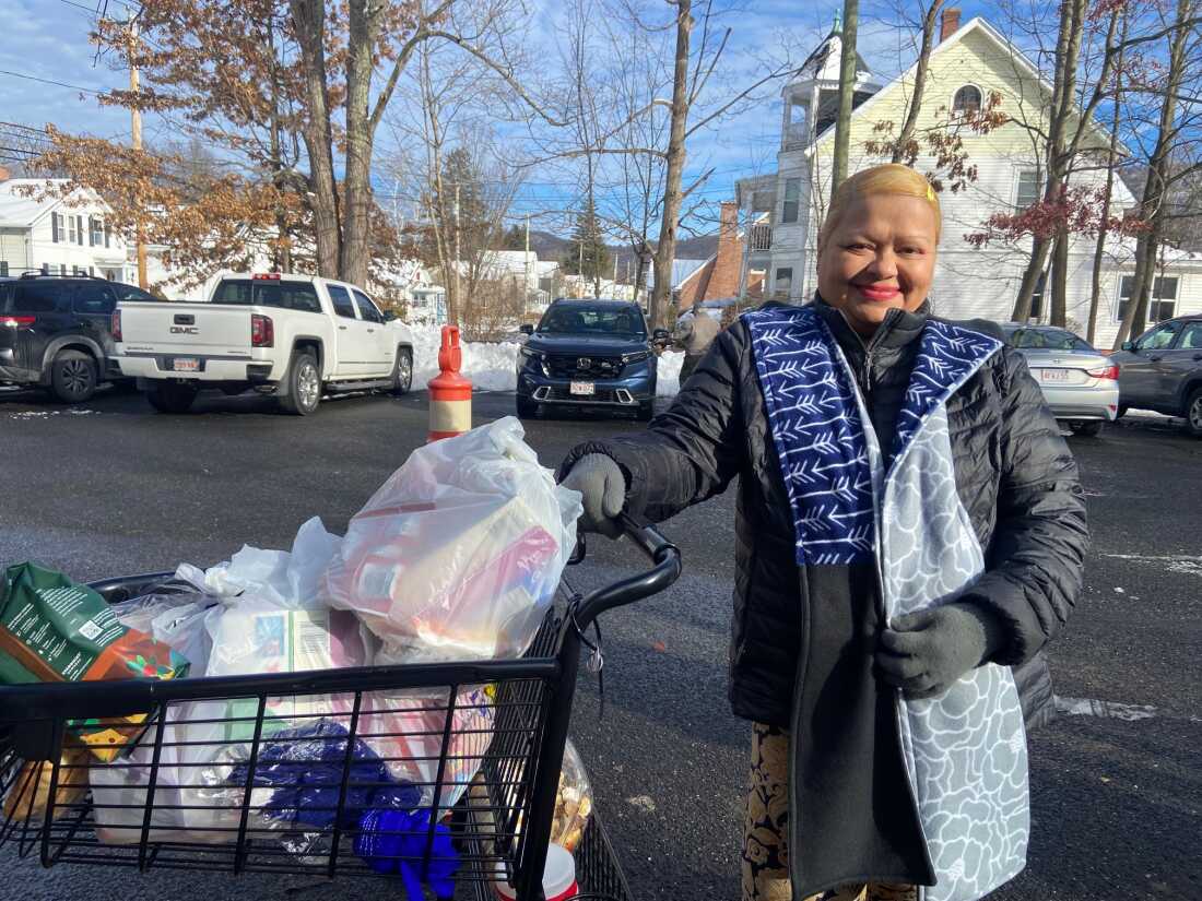 Marilyn Vargas, wearing a coat and scarf, stands in a parking lot, with one hand holding onto a shopping card filled with groceries, most in white plastic bags. Behind her are parked cars and snow drifts.