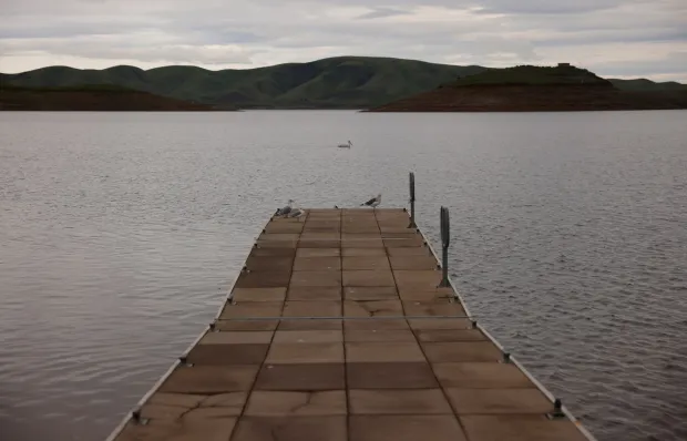 San Luis Reservoir in Merced County, Calif., on Monday, Jan. 5, 2026. The reservoir is about 70 percent full. (Nhat V. Meyer/Bay Area News Group)