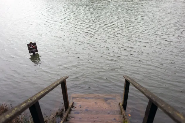 Submerged stairs at Lake Chabot Regional Park on Monday, Jan. 5, 2026, in Castro Valley, Calif. The reservoir is currently at 96% capacity. (Aric Crabb/Bay Area News Group)
