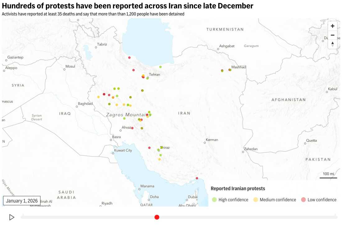 An interactive map of protests in Iran from December 29, 2025, to January 5, 2026.
