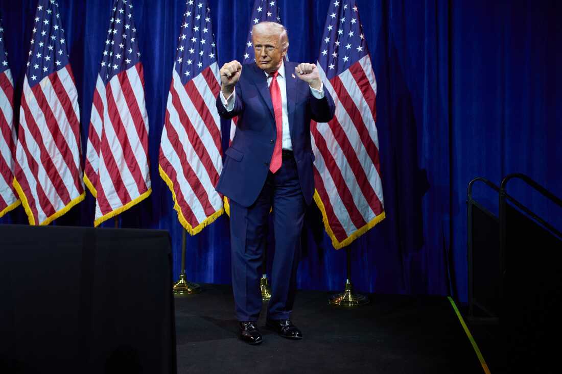 President Donald Trump dances as he walks off stage after speaking to House Republican lawmakers during their annual policy retreat, Tuesday, Jan. 6, 2026, in Washington.
