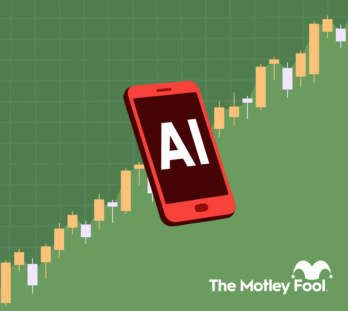 Smartphone displaying AI with a green stock chart behind.