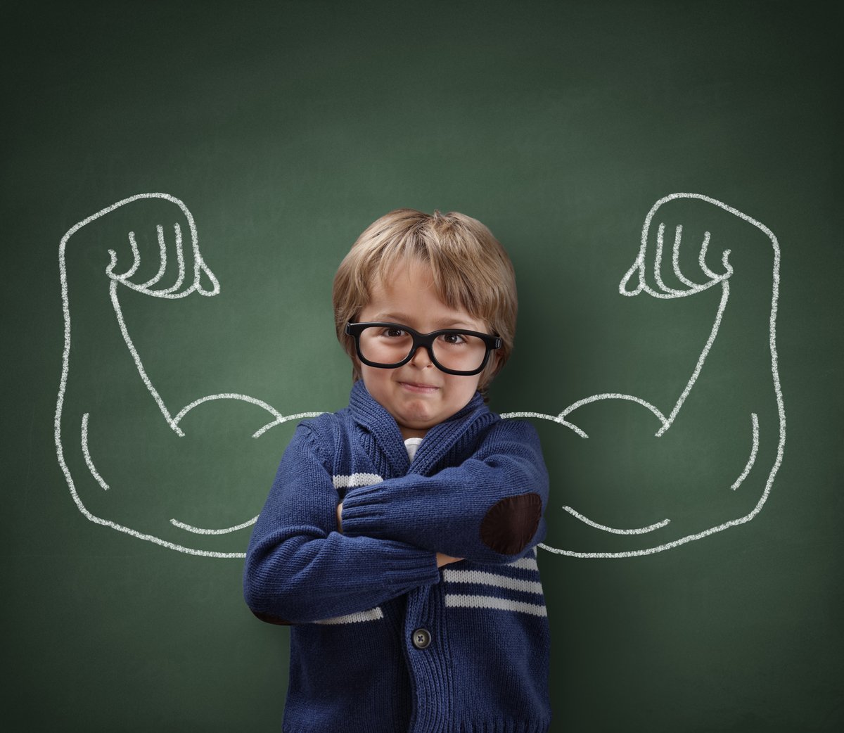 Strong biceps illustration beside smart looking boy.