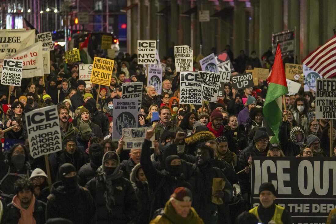 People participate in a protest in response to the fatal shooting of Renee Nicole Good by a Federal immigration officer this morning in Minneapolis, Wednesday, Jan. 7, 2026, in New York. 