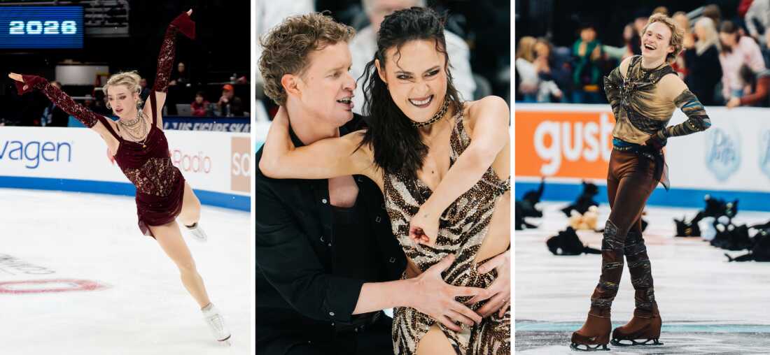 Side by side photos of Amber Glenn, Evan Bates and Madison Chock and Ilia Malinin at national championships in St. Louis, Mo.