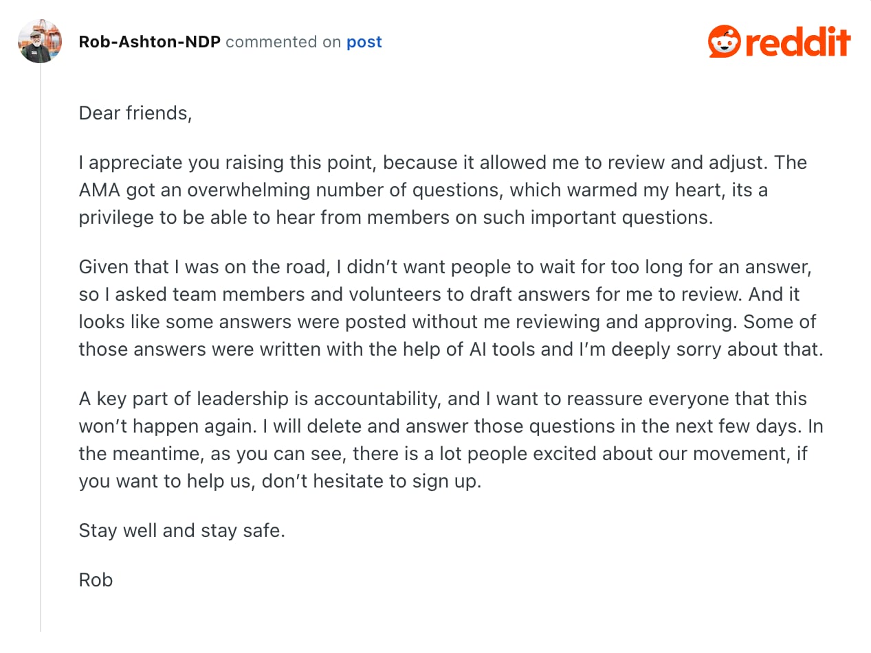 Screenshot of NDP candidate Rob Ashton's apology. 