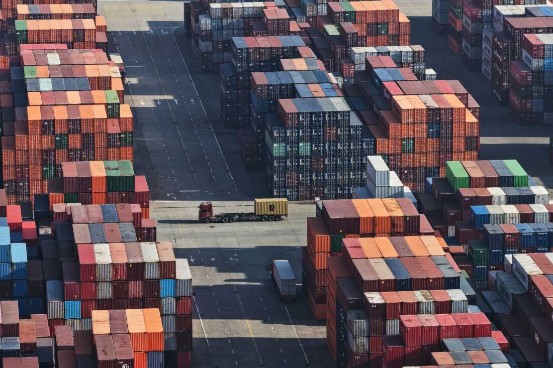 Aerial view of a container terminal in Nanjing in eastern China's Jiangsu province, Wednesday, Jan. 14, 2026.