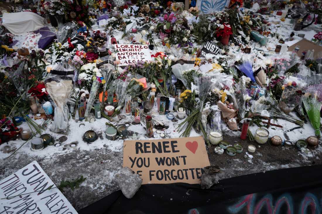 Snow covers a memorial to Renee Macklin Good on Jan. 10 in Minneapolis.